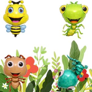 HORUIUS Insect Animal Balloons Bee Gecko Ant Mantis Foil Mylar Balloon for Baby Shower Kids' Boys Garden Insect Animals Theme Birthday Party Supplies Decorations 4PCS