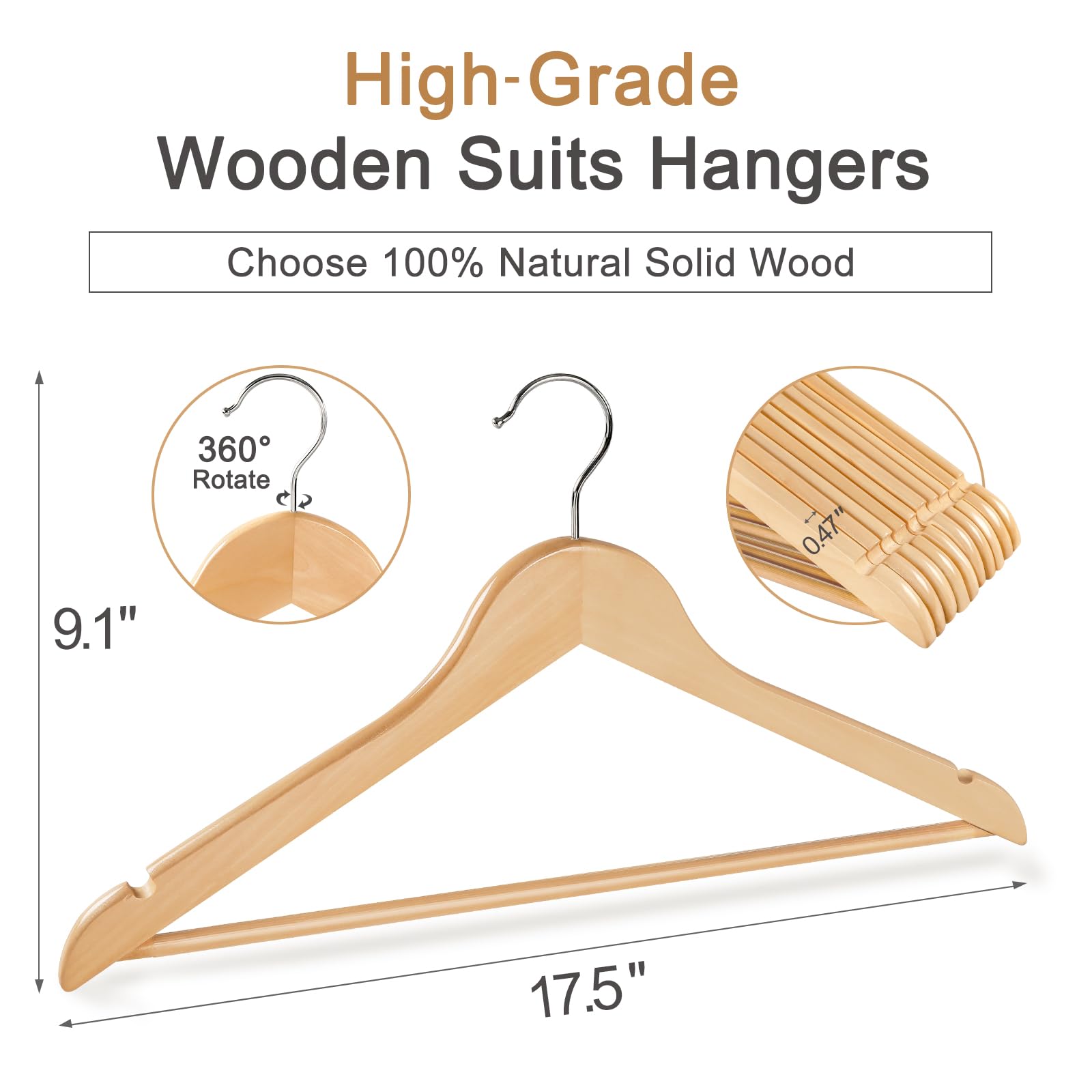 TOPIA HANGER Wooden Hangers 30 Pack, Natural Wood Clothes Hangers, Durable Coat Hanger with 360-Degree Rotatable Hook, Non-Slip Pants Bar and Shoulder Notches for Camisole Tops-CT34N30