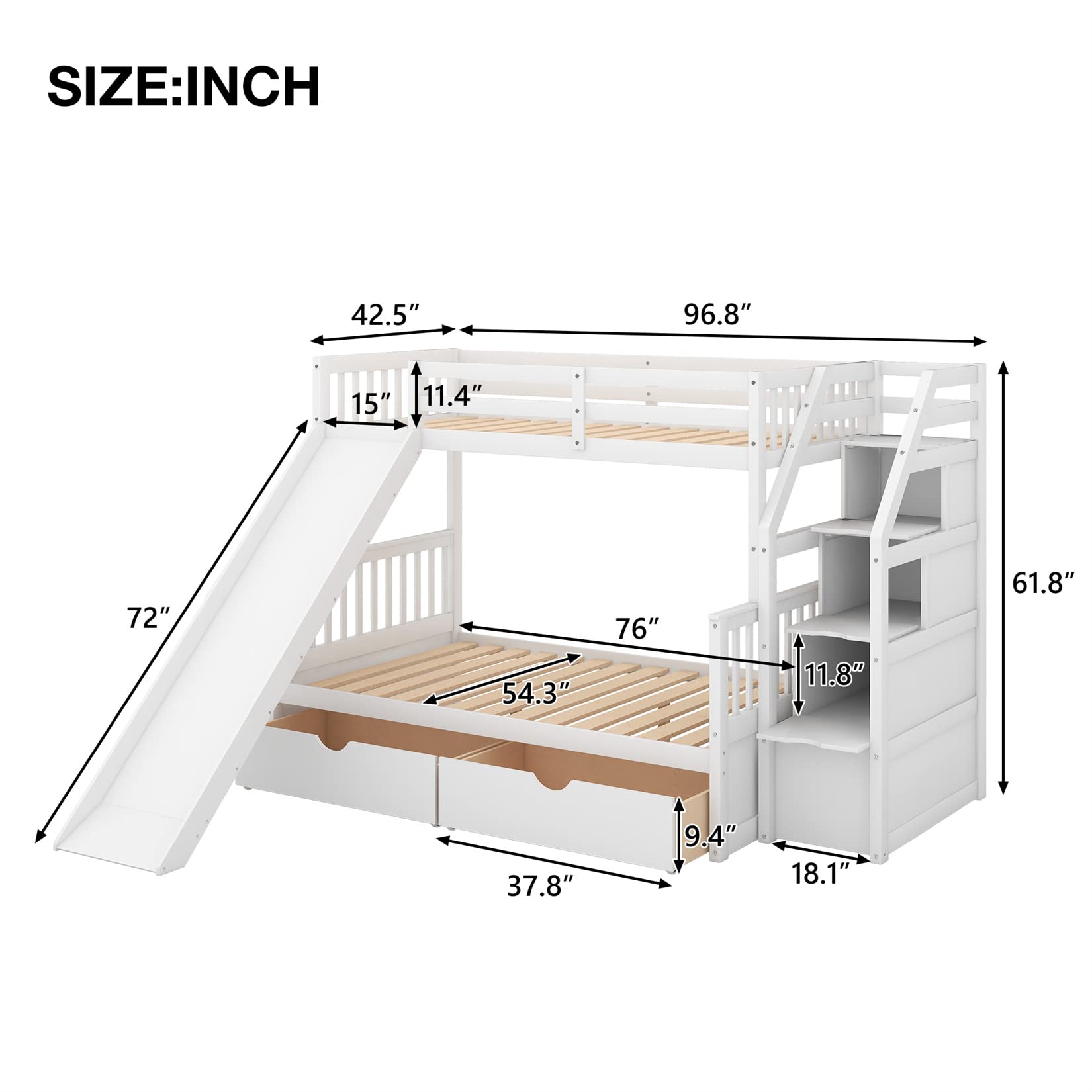 Harper & Bright Designs Bunk Bed with Slide and Stairs Twin Over Full Bunk Beds Wood Frame with Storage Drawers for Kids Boys Girls Teens, White