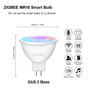 LEDEPLY Zigbee MR16 Smart Bulbs, Compatible with hu*e*, Alexa, Google & ConBee (Hub Required), 5W, GU5.3 LED WiFi Bulb, 5W(50W), Dimmable LED AC/DC 12V, Color Changing &Tunable White, 2 Pack