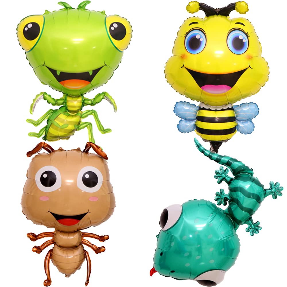 HORUIUS Insect Animal Balloons Bee Gecko Ant Mantis Foil Mylar Balloon for Baby Shower Kids' Boys Garden Insect Animals Theme Birthday Party Supplies Decorations 4PCS