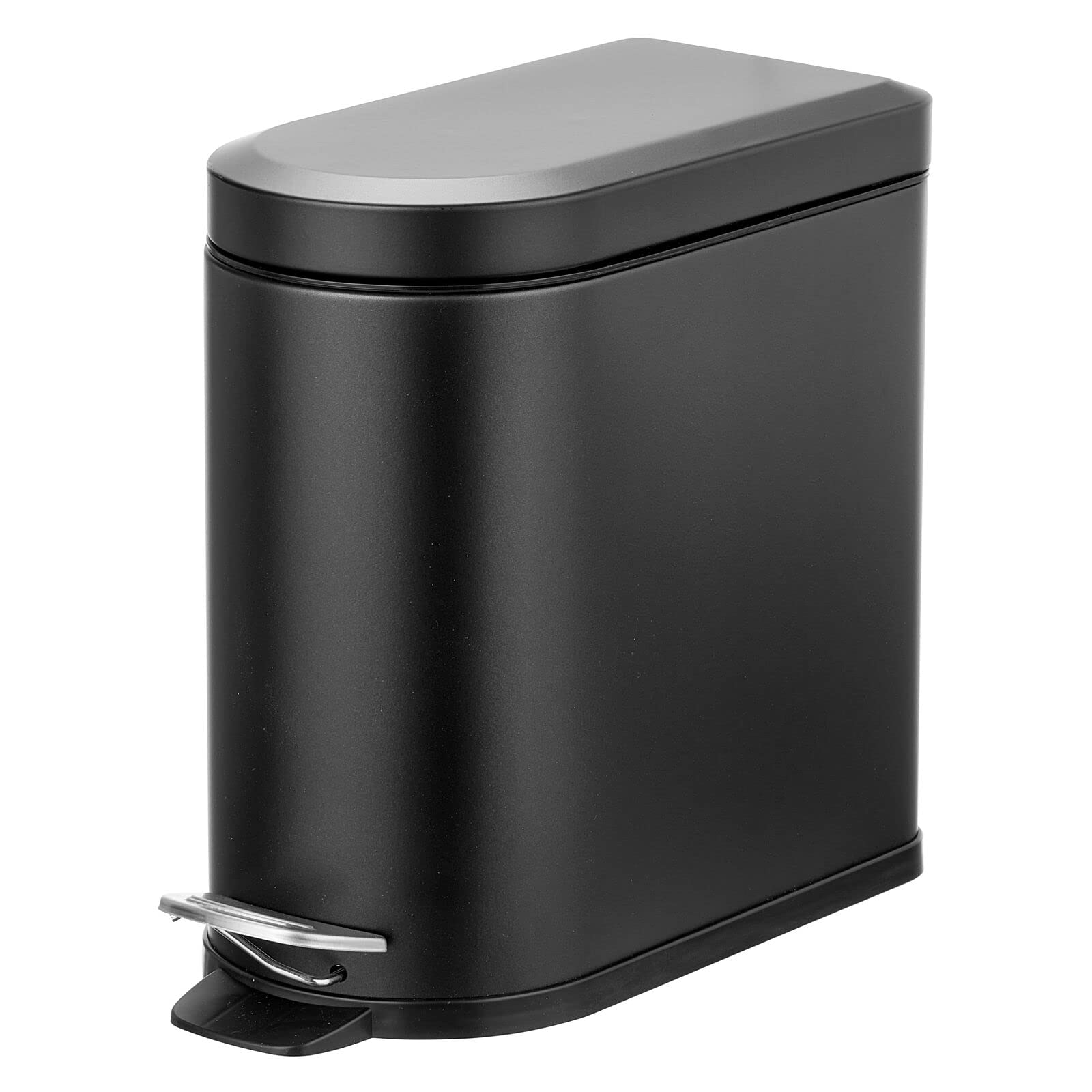 mDesign Small 1.3 Gallon Stainless Steel Metal Step Trash Can Garbage Bin for Bathroom, Bedroom, or Home Office - D-Shape Trashcan with Foot Pedal and Lid - Removable Liner Bucket with Handles, Black