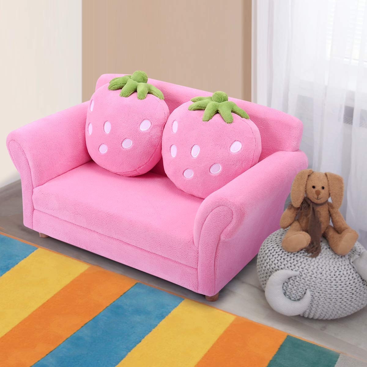 ARLIME Kids Sofa, Upholstered Toddler Couch Chair with Ergonomic Back & 2 Strawberry Pillows, Double Seat Toddler Armchair for Boys Girls