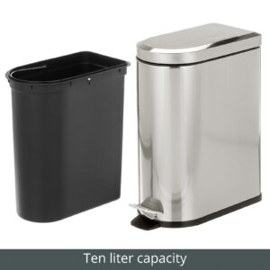 mDesign Small 2.6 Gallon/10 Liter Stainless Steel Metal Step Trash Can Garbage Bin for Bathroom, Bedroom, Office, D-Shape Trashcan w/Foot Pedal/Lid, Removable Liner Bucket w/Handles, Brushed/Chrome