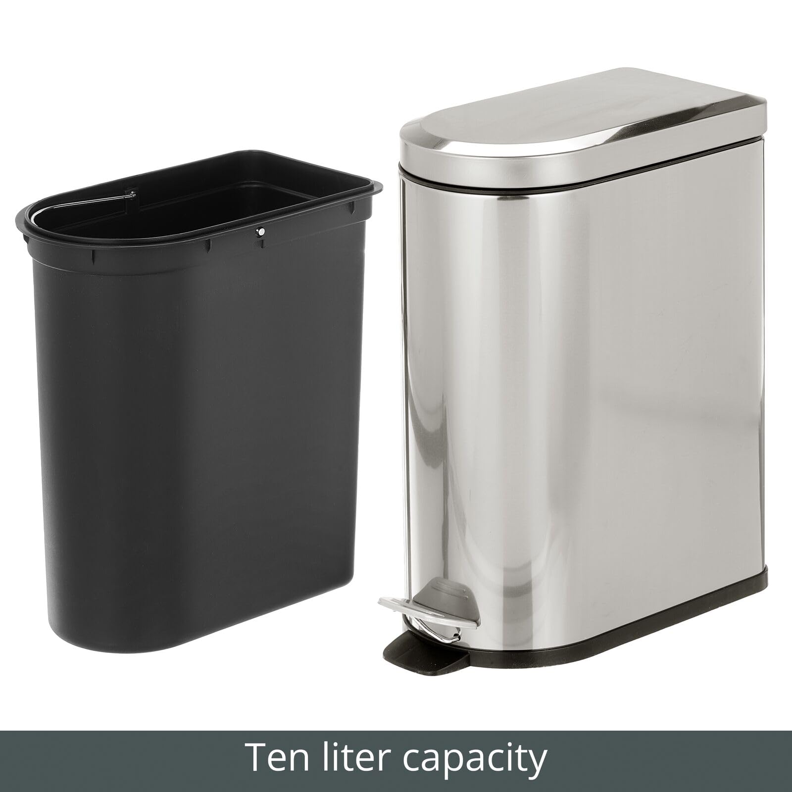 mDesign Small 2.6 Gallon/10 Liter Stainless Steel Metal Step Trash Can Garbage Bin for Bathroom, Bedroom, Office, D-Shape Trashcan w/Foot Pedal/Lid, Removable Liner Bucket w/Handles, Brushed/Chrome