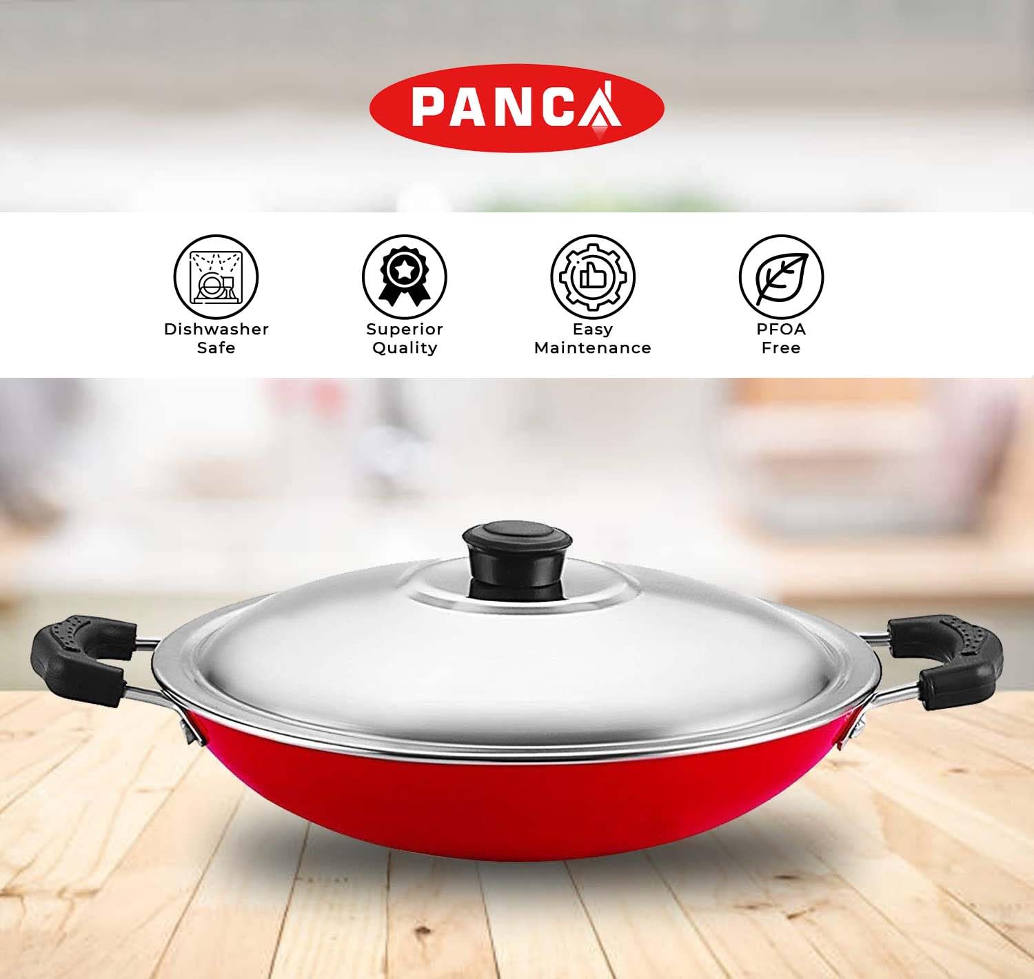 PANCA Non-Stick Aluminium Appachatti with Stainless Steel lid, 2.6mm, Red/Black, 23cm, Gas Compatible