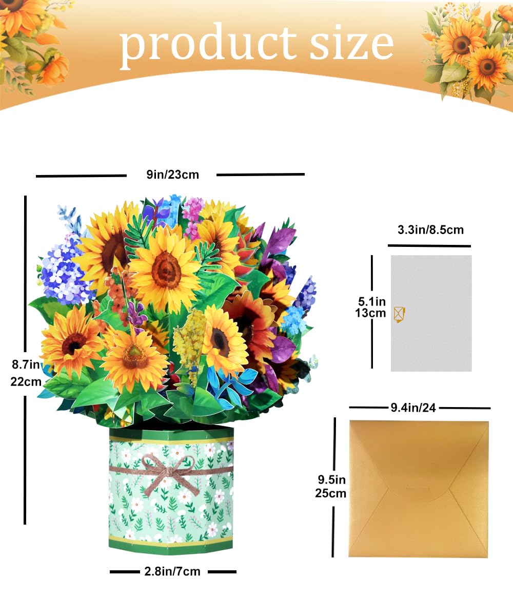 Sunflower 3D Pop-Up Card, Floral Greeting Card for Mother's Day, Summer Birthdays, Friendship Day, Graduation, Sunflower Bouquet Card for Mom, Grandma, Wife, or Friend, with Envelope and Note Card