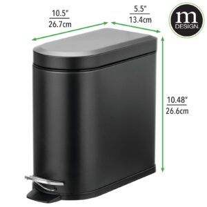 mDesign Small 1.3 Gallon Stainless Steel Metal Step Trash Can Garbage Bin for Bathroom, Bedroom, or Home Office - D-Shape Trashcan with Foot Pedal and Lid - Removable Liner Bucket with Handles, Black