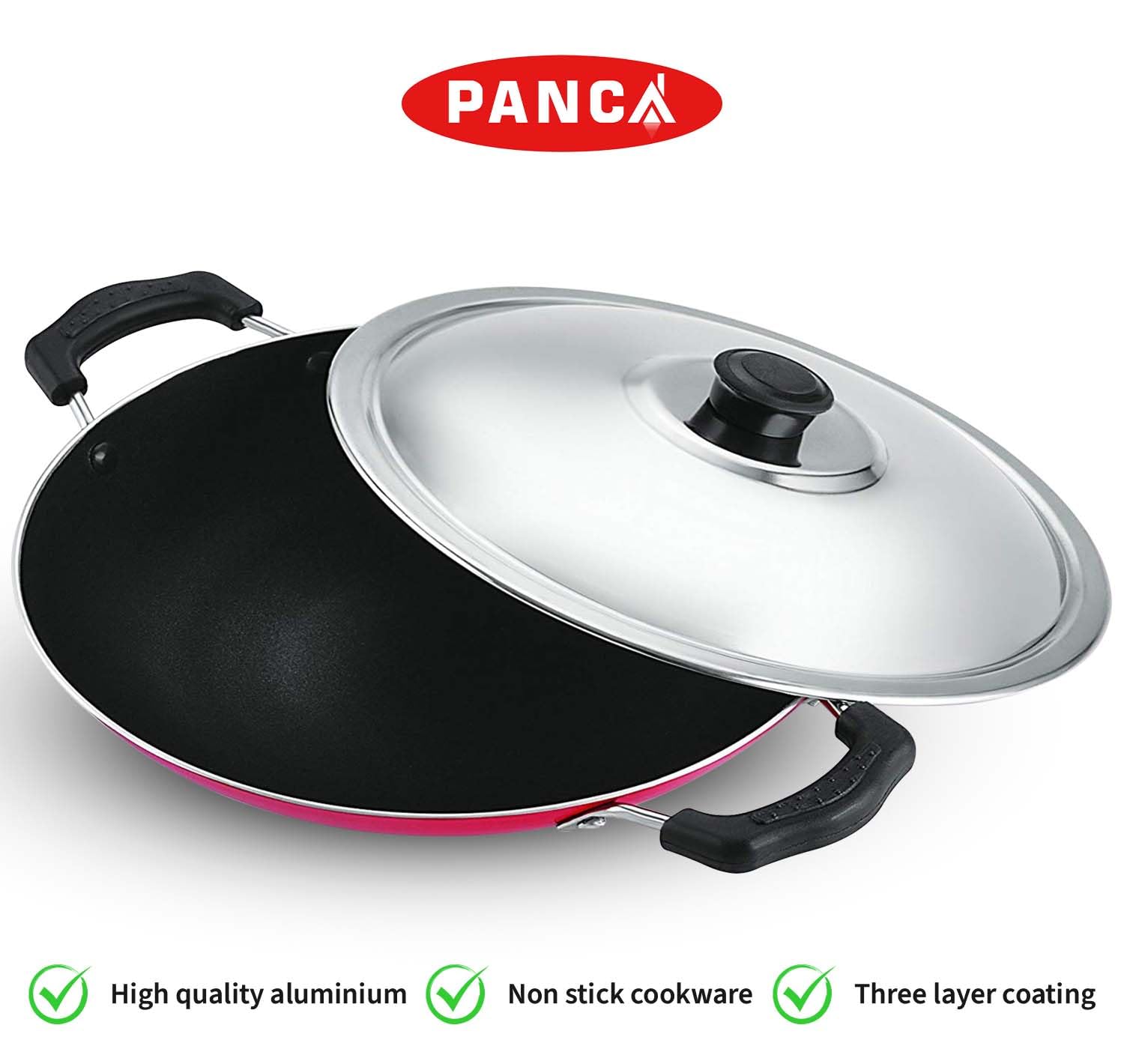 PANCA Non-Stick Aluminium Appachatti with Stainless Steel lid, 2.6mm, Red/Black, 23cm, Gas Compatible