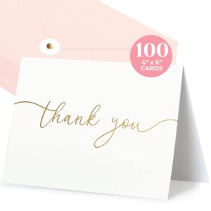 100 heavyweight blank thank you cards with envelopes - blank cards and envelopes - thank you cards wedding with envelopes set - gold script thank you notes - thank you cards bridal shower (100 pack)