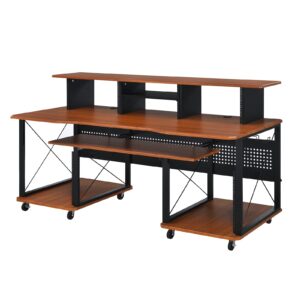 acme furniture metal and wooden music desk with wheels, cherry and black