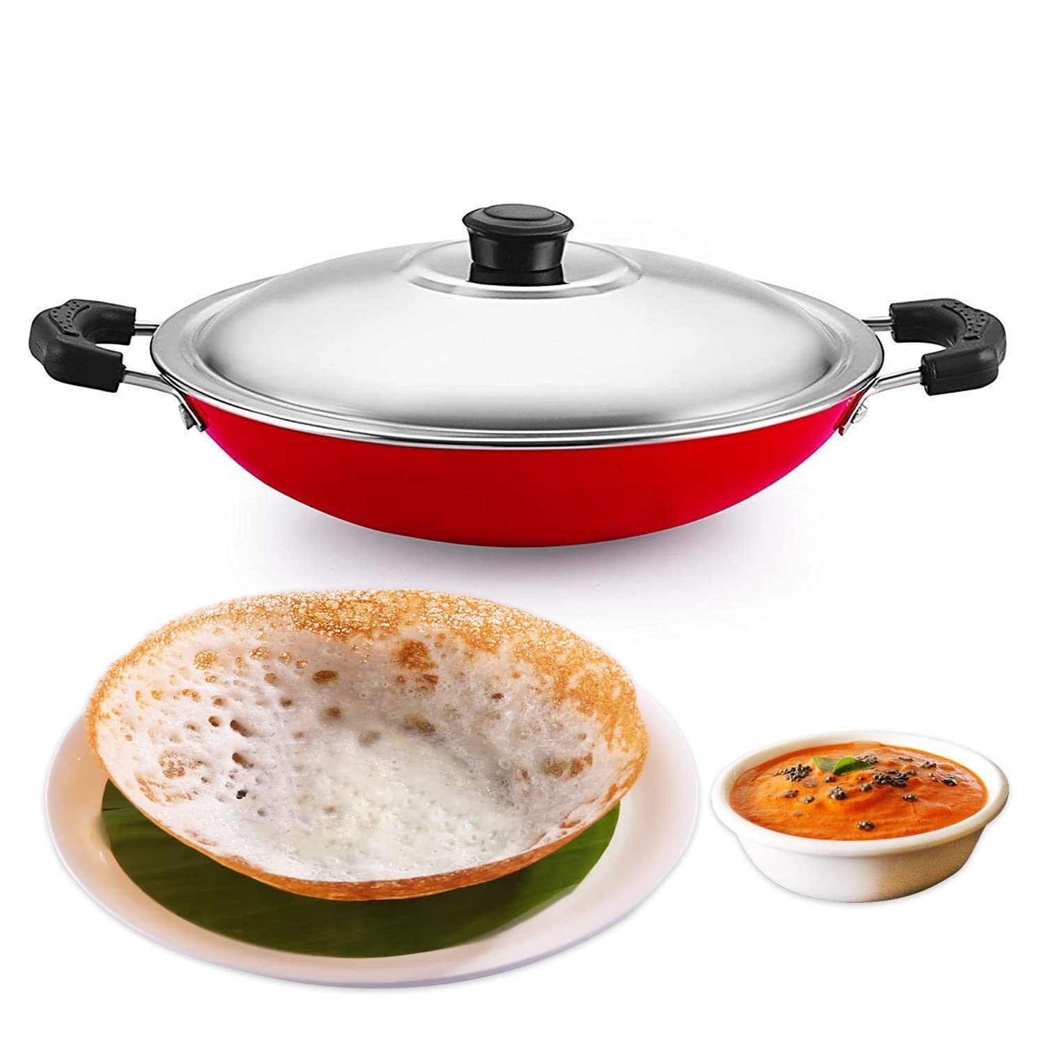 PANCA Non-Stick Aluminium Appachatti with Stainless Steel lid, 2.6mm, Red/Black, 23cm, Gas Compatible