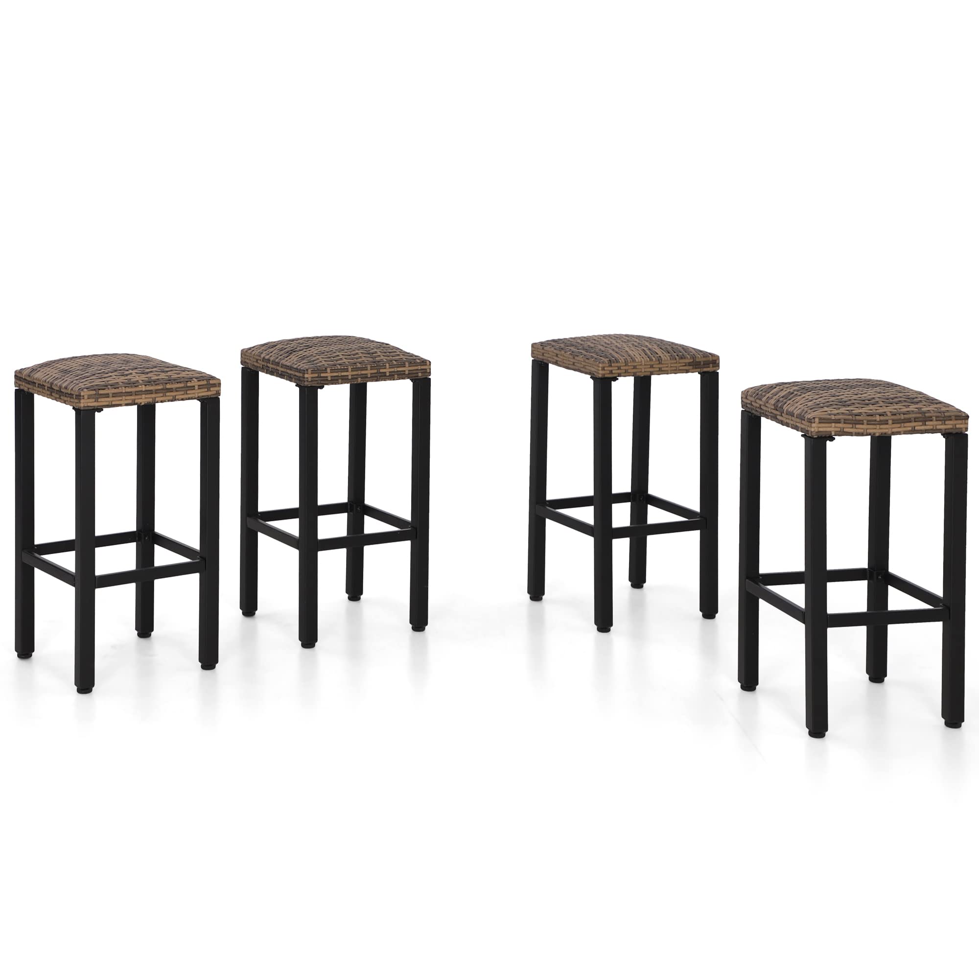 PHI VILLA Outdoor Bar Stools Set of 4, 26” Wicker Seat Counter Height Backless Barstools, Metal Frame Bar Chairs for Patio Kitchen & Dining