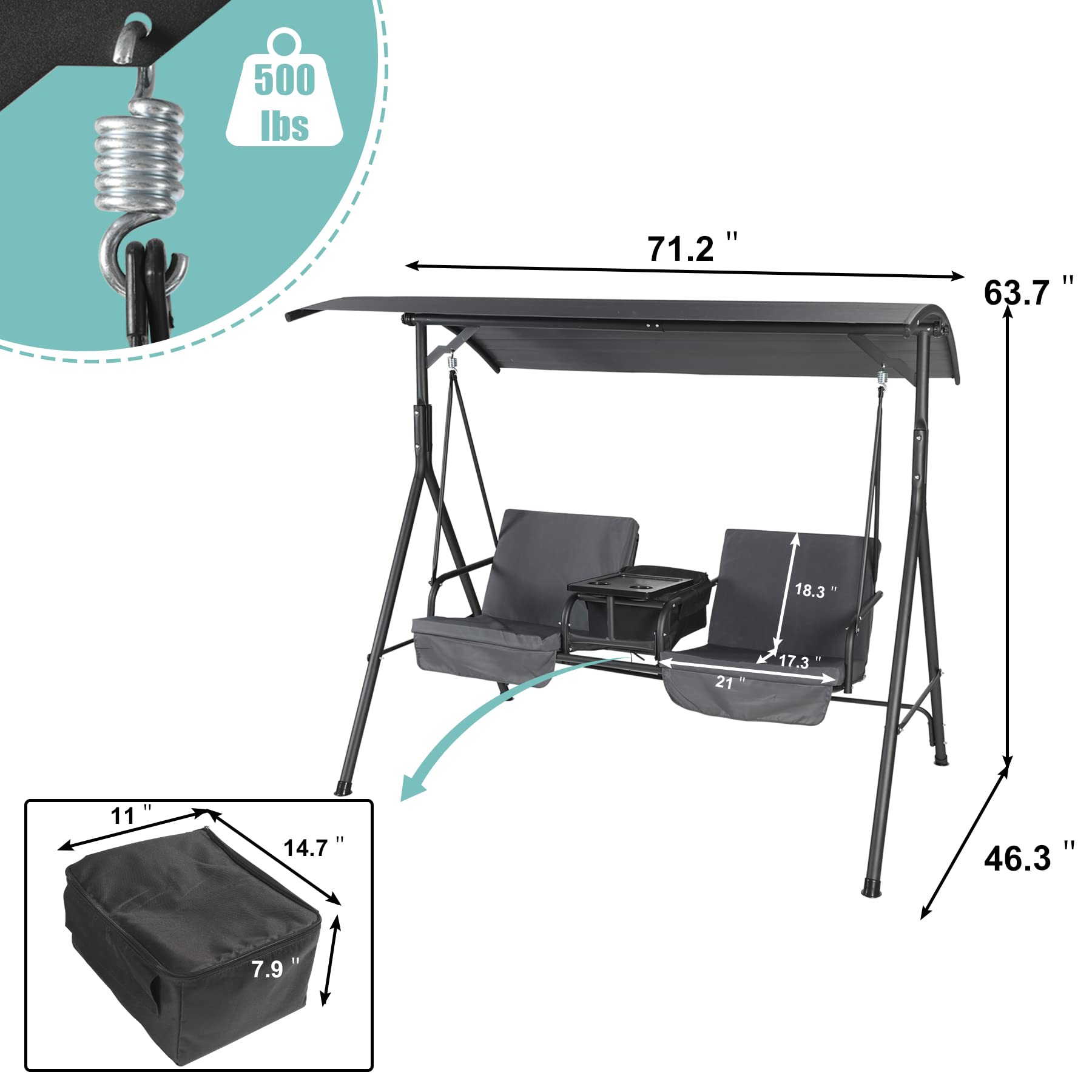 OKL 2 Seat Outdoor Patio Swing Chair, Canopy Swing with Cooler Removable Cushion and Weather Resistant Steel Frame, Hanging Porch Gray