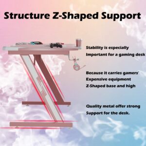 Shahoo PC Gaming Desk 44 Inch Z Shaped Carbon Fiber Surface Desktop Computer Table with Cup Holder & Headphone Hook, 44 in, Pink