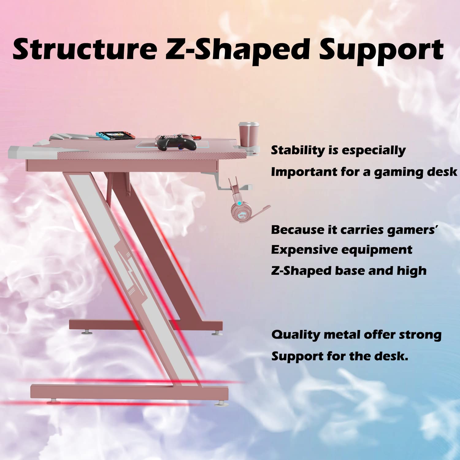 Shahoo PC Gaming Desk 44 Inch Z Shaped Carbon Fiber Surface Desktop Computer Table with Cup Holder & Headphone Hook, 44 in, Pink