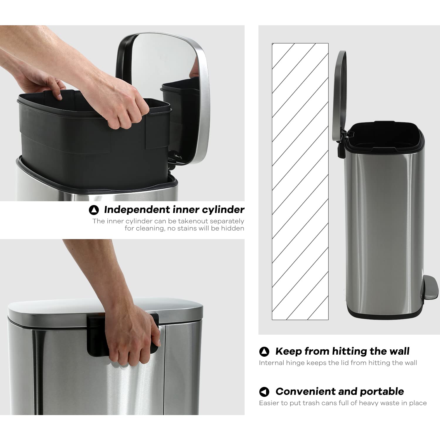 Trash Can, Garbage Can 8 Gallon/ 30L Stainless Steel Metal Bathroom Step Trash Can for Home and Kitchen Waste and Recycling with Lid, Inner Bucket