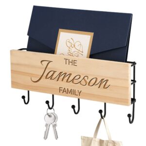 personalized key holder for wall engraved your family name, customize wooden key rack for wall with storage basket and 5 key hooks, multifunction key hanger for the home entryway, kitchen, bathroom