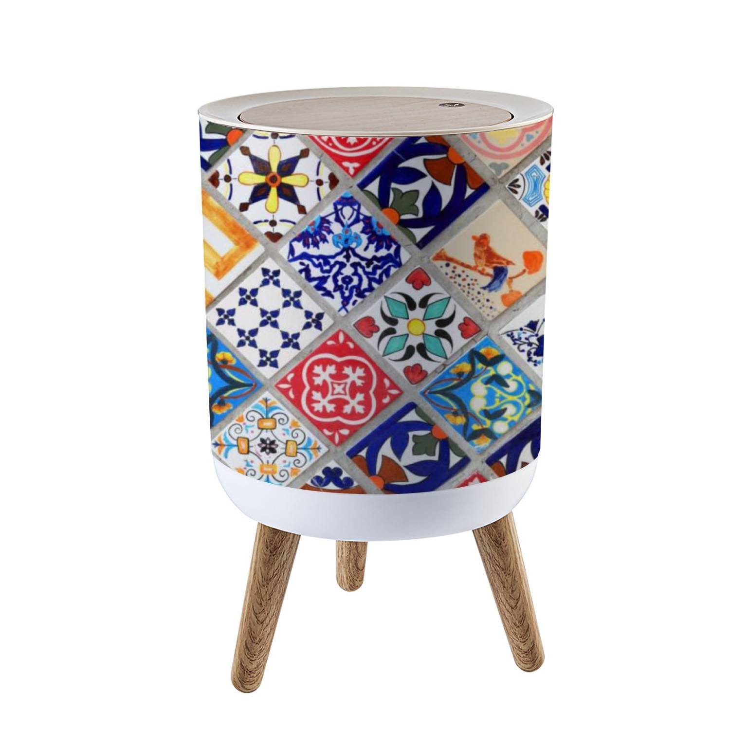 PHAIBHKERP Small Trash Can with Lid Colorful Mexican Talavera Ceramic Tiles Wall Background Garbage Bin Round Waste Bin Press Cover Dog Proof Wastebasket for Kitchen Bathroom Living Room 1.8 Gallon