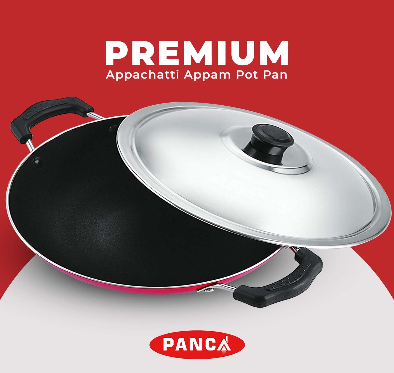 PANCA Non-Stick Aluminium Appachatti with Stainless Steel lid, 2.6mm, Red/Black, 23cm, Gas Compatible