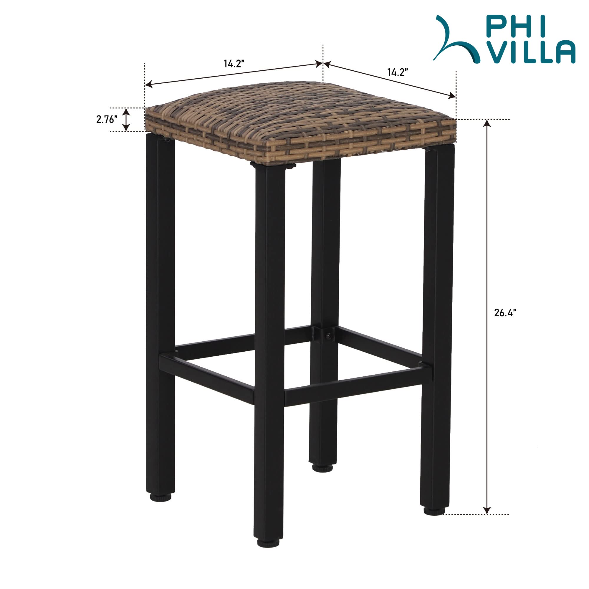 PHI VILLA Outdoor Bar Stools Set of 4, 26” Wicker Seat Counter Height Backless Barstools, Metal Frame Bar Chairs for Patio Kitchen & Dining