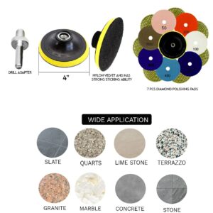 Performore Diamond Polishing Pads 4 Inch Diameter Wet/Dry Pads 8-Pack, 7 Pads with Varying Grit (#50-#3000) and 1 Backer Pad, Includes Drill Adapter for Stone Granite Marble or Concrete