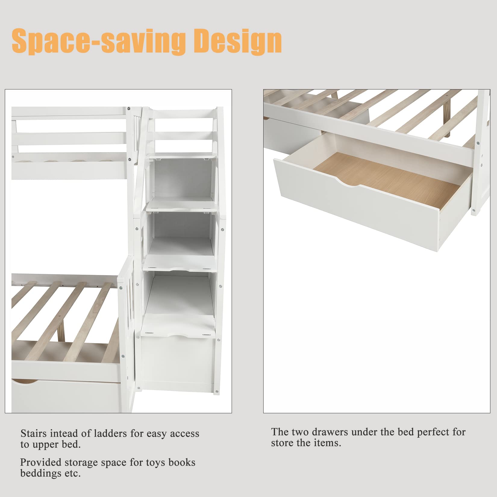 Harper & Bright Designs Bunk Bed with Slide and Stairs Twin Over Full Bunk Beds Wood Frame with Storage Drawers for Kids Boys Girls Teens, White