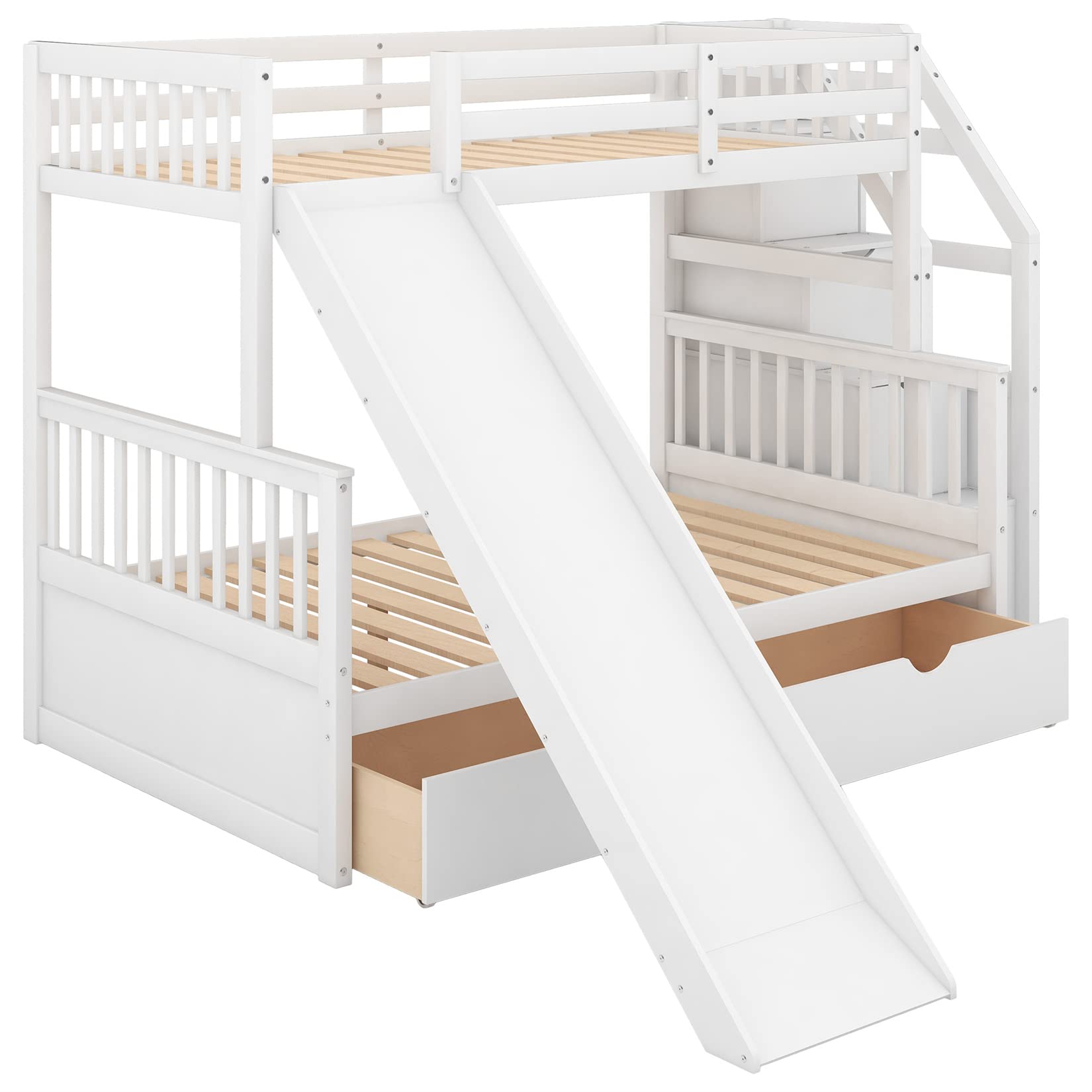 Harper & Bright Designs Bunk Bed with Slide and Stairs Twin Over Full Bunk Beds Wood Frame with Storage Drawers for Kids Boys Girls Teens, White