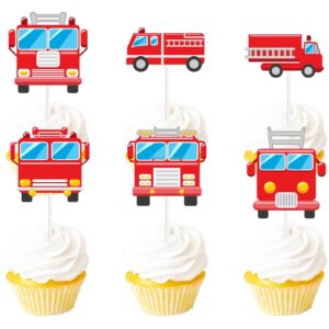 18pcs red glitter fire truck dessert cupcake topper firefighter fireman cars theme decor supplies baby shower boy girl happy birthday party decorations