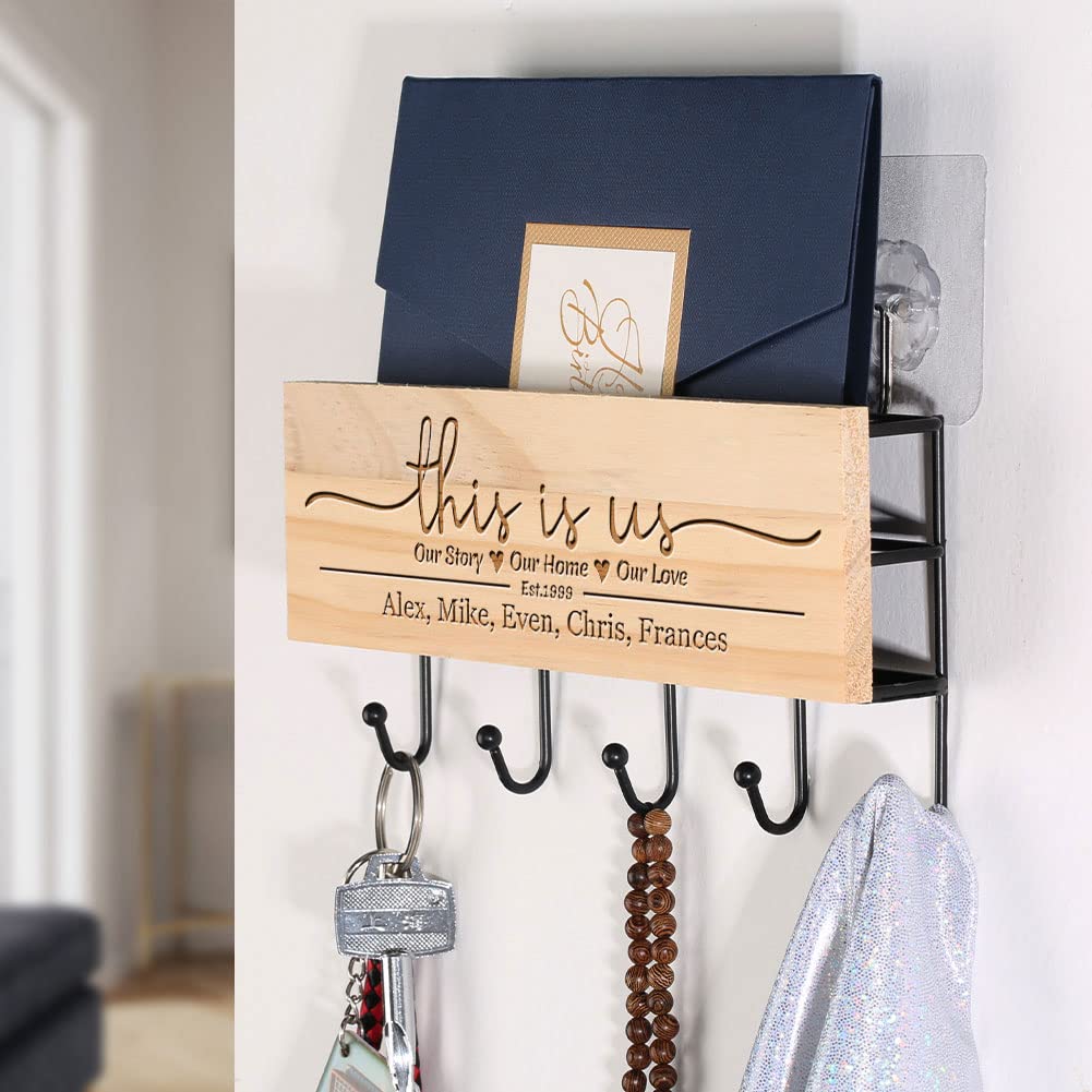 Personalized Key Holder for Wall Engraved Your Family Name, Customize Wooden Key Rack for Wall with Storage Basket and 5 Key Hooks, Multifunction Key Hanger for The Home Entryway, Kitchen, Bathroom