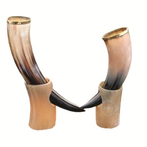 Set of Two Antique Style Horn Drinking Horn Mug with Stand Viking Style Beer Wine Mead Mug Wedding Gift