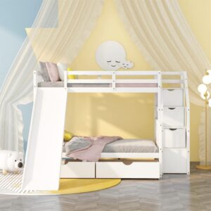 Harper & Bright Designs Bunk Bed with Slide and Stairs Twin Over Full Bunk Beds Wood Frame with Storage Drawers for Kids Boys Girls Teens, White