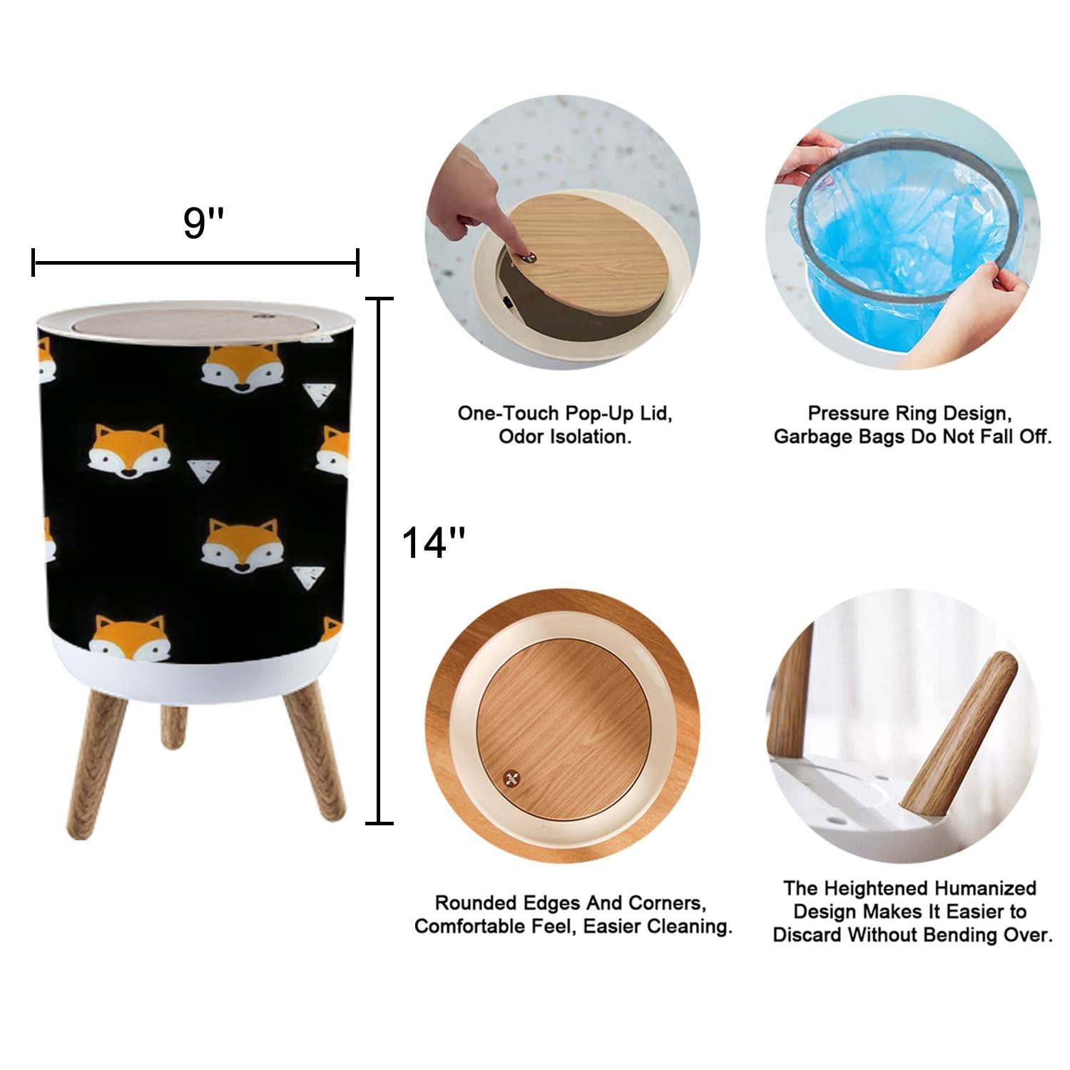 7L/1.8 Gallon Garbage Can with Press Top Lid seamless with foxes faces and geometric figures Geometric abstract It Trash Bin with Wooden Legs Dog Proof Round Trash Can for Kitchen Outdoor Bathroom