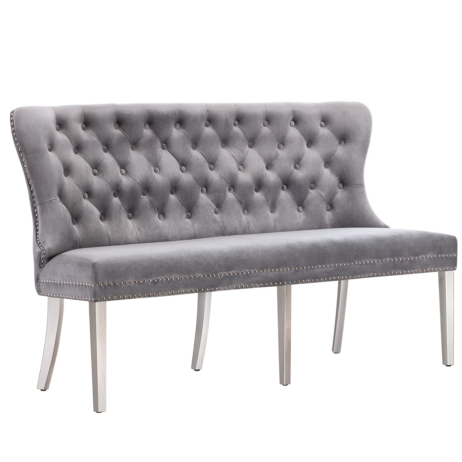 UDAX Velvet Bench with Back, Upholstered Armless Couch Settee with Button Tufted Backrest Nailhead Around, Light Grey