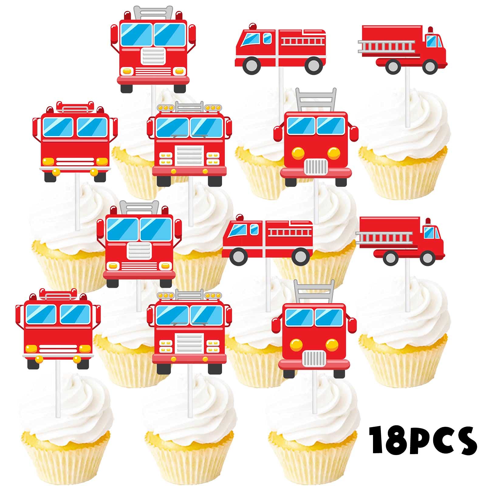 18pcs Red Glitter Fire Truck Dessert Cupcake Topper Firefighter Fireman Cars Theme Decor Supplies Baby Shower Boy Girl Happy Birthday Party Decorations