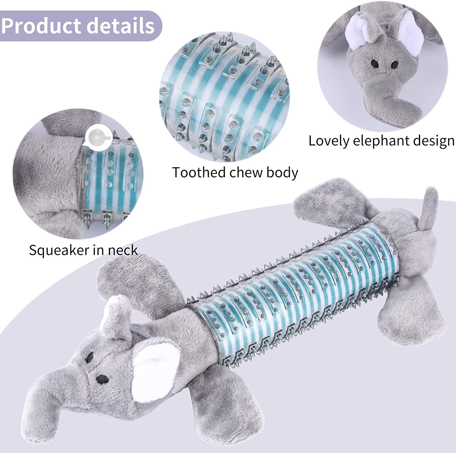 CCDAY Plush Squeaky Dog Chew Toys 3 Packs, Indestructible Tough Durable Dog Toothbrush Toys for Small and Medium Dogs Natural Material Dental Care Puppy Toys (Gray)