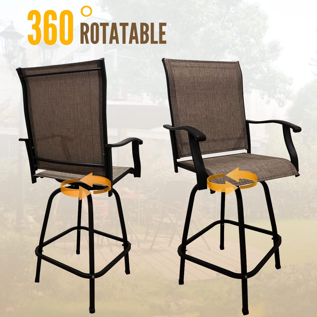 Mingyall Outdoor Swivel Bar Stools Set 2, High Top Patio Chairs Patio Bar Stools Textilene for Bistro Lawn, Garden, Backyard All Weather Outside bar stools,Tall Patio Chairs (2, Brown)