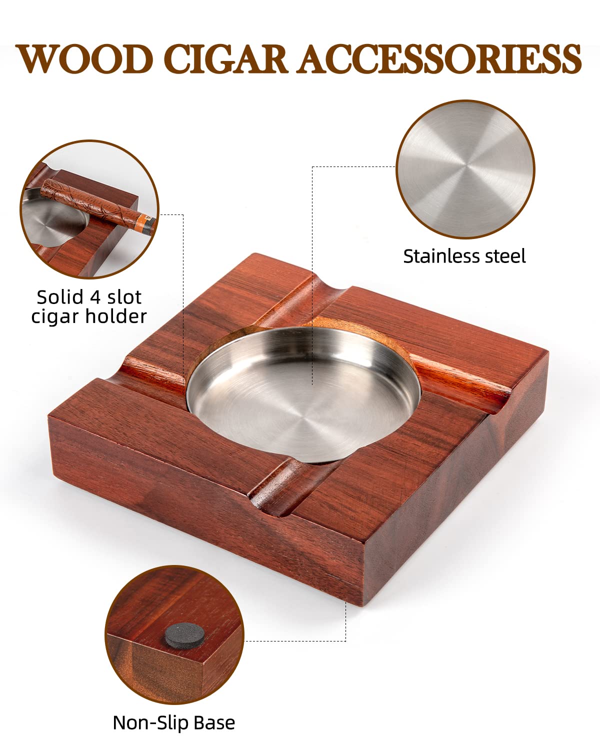 Wood Cigar Ashtray Cigar Accessories Cigarettes Ashtrays for Indoor Outdoor Patio Home Office Use Square Wooden Brown Cigar Ash Tray Cigar Gift Sets for Men with GIFT BOX (Classic)