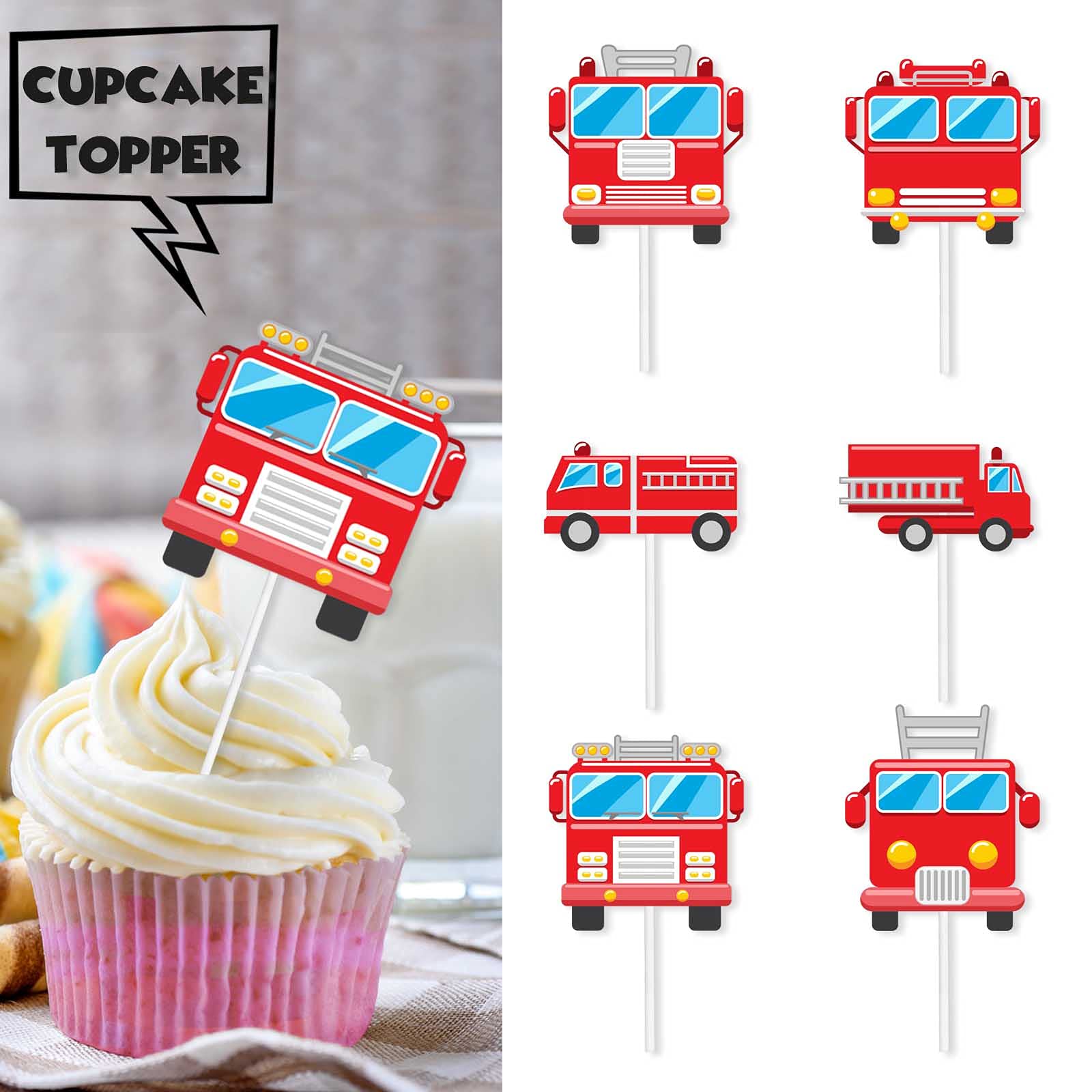 18pcs Red Glitter Fire Truck Dessert Cupcake Topper Firefighter Fireman Cars Theme Decor Supplies Baby Shower Boy Girl Happy Birthday Party Decorations