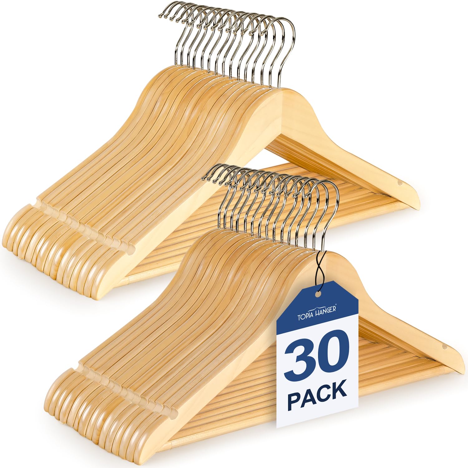 TOPIA HANGER Wooden Hangers 30 Pack, Natural Wood Clothes Hangers, Durable Coat Hanger with 360-Degree Rotatable Hook, Non-Slip Pants Bar and Shoulder Notches for Camisole Tops-CT34N30