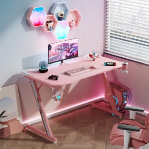 Shahoo PC Gaming Desk 44 Inch Z Shaped Carbon Fiber Surface Desktop Computer Table with Cup Holder & Headphone Hook, 44 in, Pink