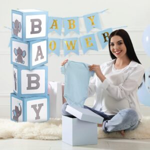 Epakh 4 Pcs Elephant Baby Boxes for Baby Shower Decoration with 4 Pcs Baby Shower Party Boxes Elephant Printed Baby Blocks for Baby Boy Shower, Happy Birthday Decorations, Gender Reveal Party(Blue)