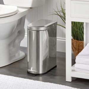 mDesign Small 2.6 Gallon/10 Liter Stainless Steel Metal Step Trash Can Garbage Bin for Bathroom, Bedroom, Office, D-Shape Trashcan w/Foot Pedal/Lid, Removable Liner Bucket w/Handles, Brushed/Chrome