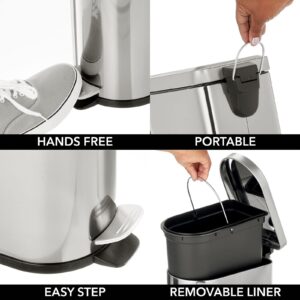 mDesign Small 2.6 Gallon/10 Liter Stainless Steel Metal Step Trash Can Garbage Bin for Bathroom, Bedroom, Office, D-Shape Trashcan w/Foot Pedal/Lid, Removable Liner Bucket w/Handles, Brushed/Chrome