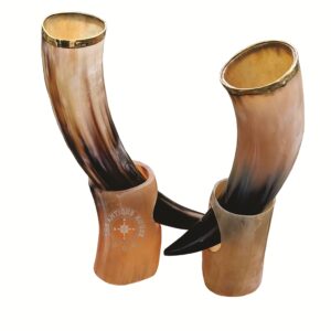 Set of Two Antique Style Horn Drinking Horn Mug with Stand Viking Style Beer Wine Mead Mug Wedding Gift