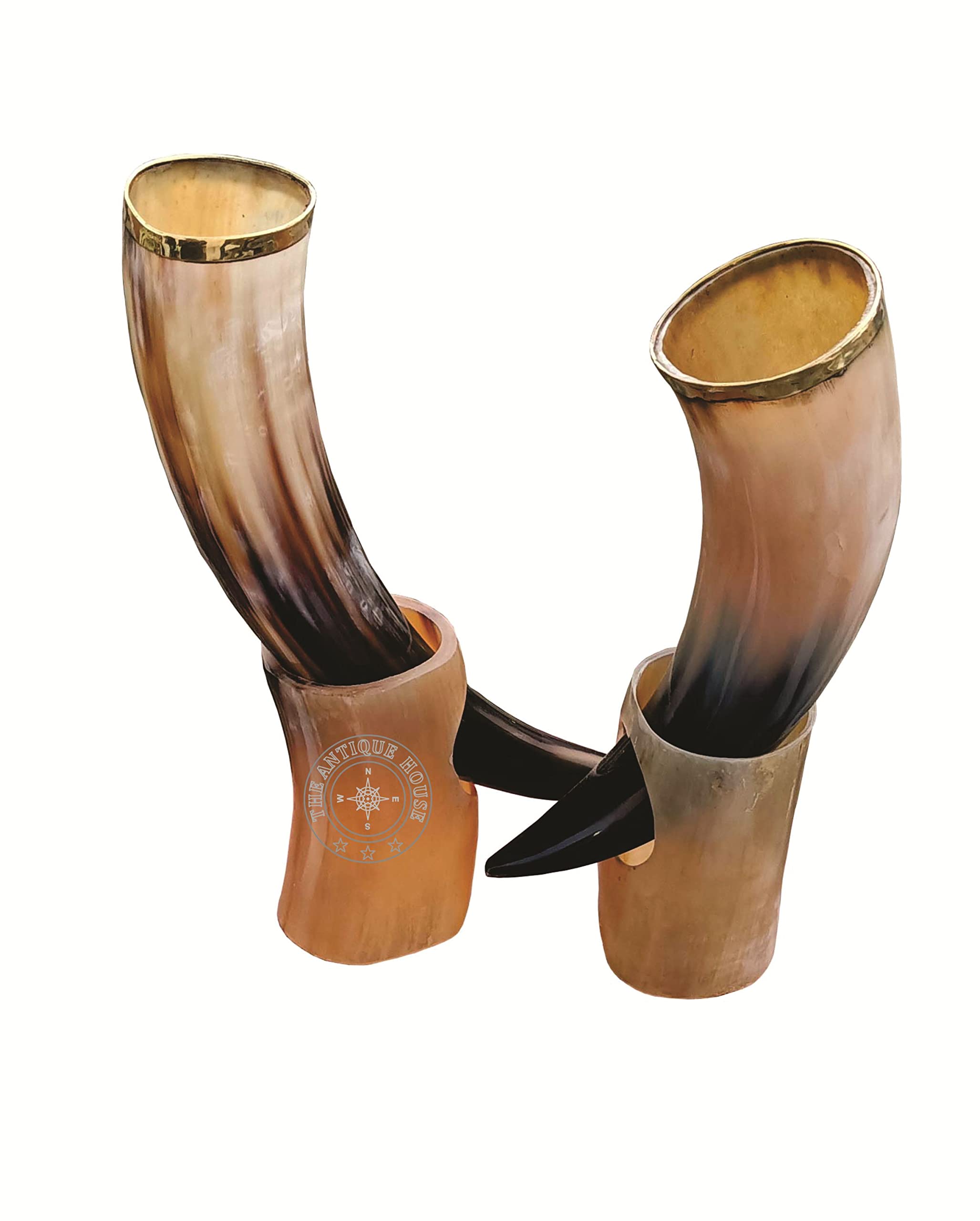 Set of Two Antique Style Horn Drinking Horn Mug with Stand Viking Style Beer Wine Mead Mug Wedding Gift