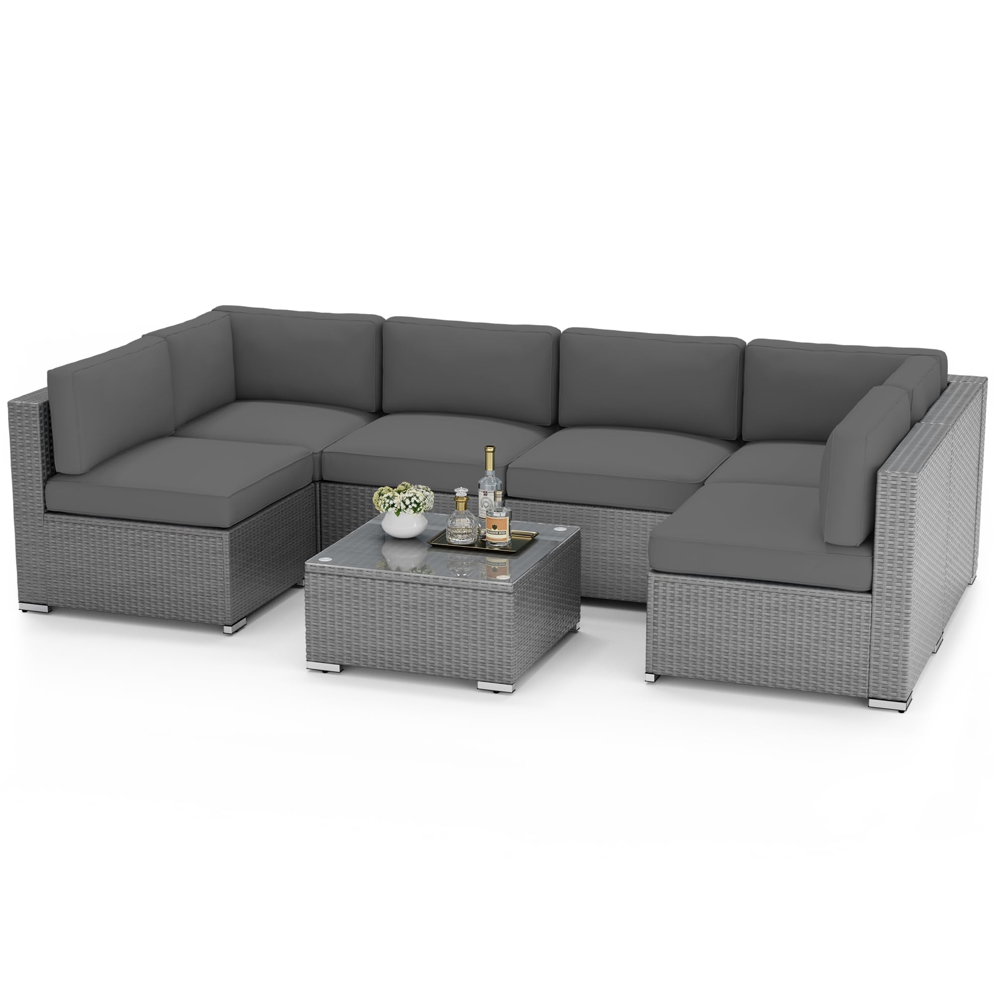 Patiomore 7-Piece Outdoor Patio Sectional Sofa Sets, Grey PE Wicker Furniture Set with Glass Coffee Table, Grey Cushion