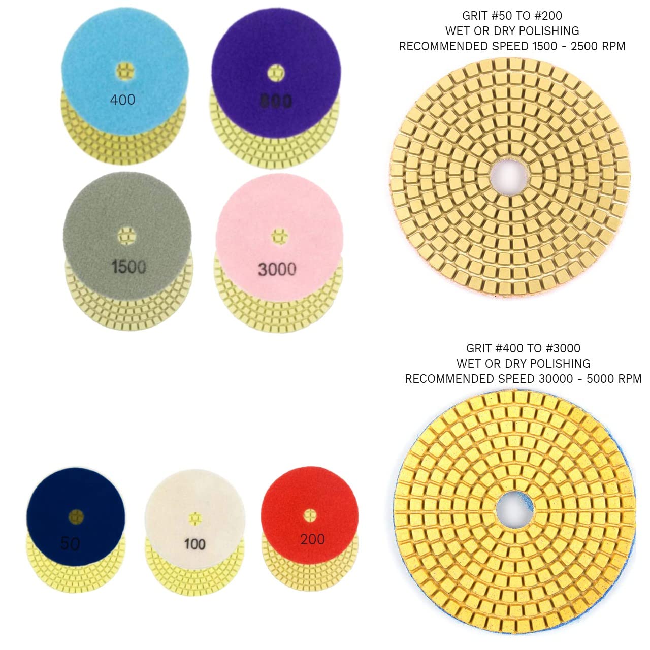 Performore Diamond Polishing Pads 4 Inch Diameter Wet/Dry Pads 8-Pack, 7 Pads with Varying Grit (#50-#3000) and 1 Backer Pad, Includes Drill Adapter for Stone Granite Marble or Concrete