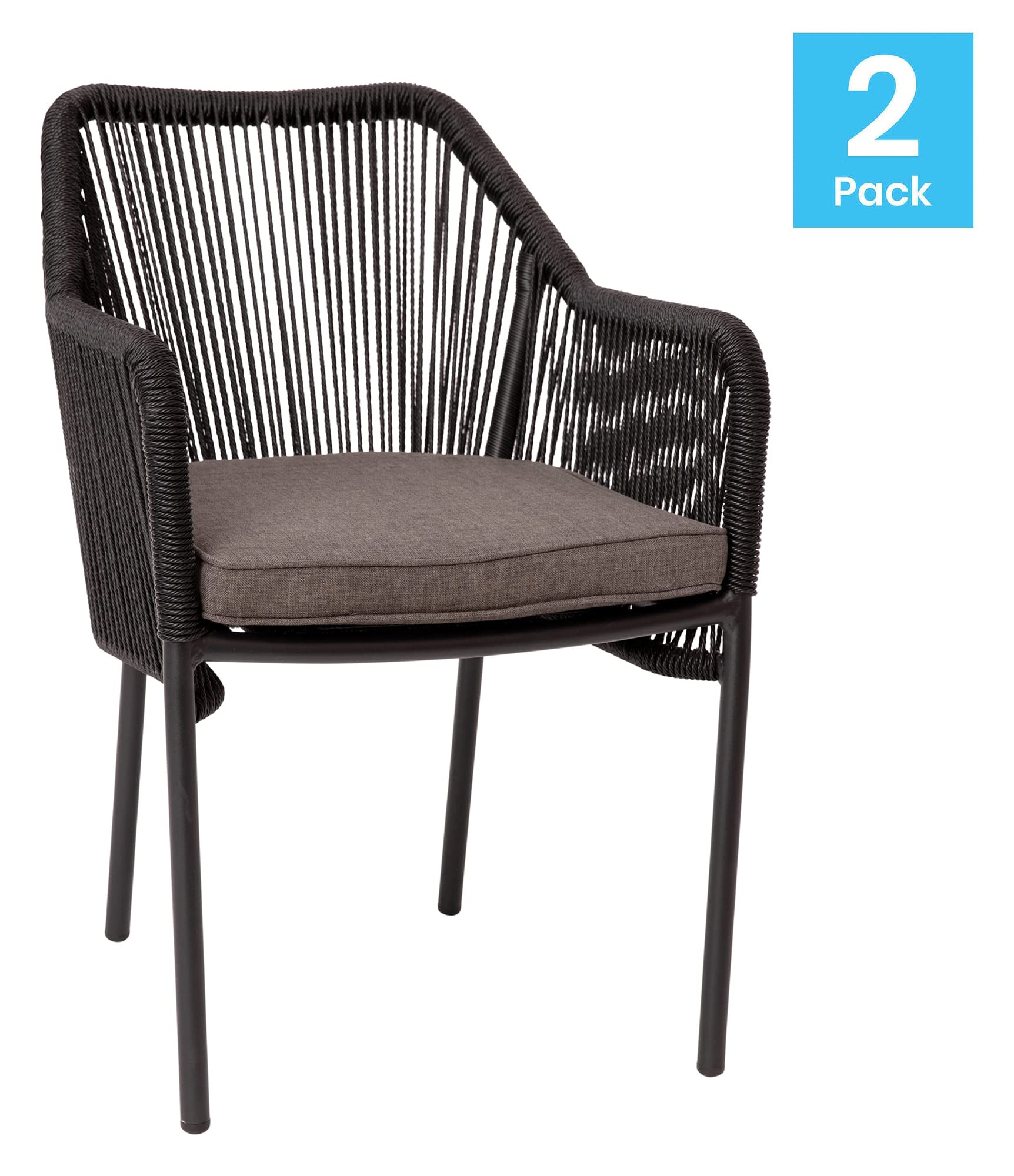 Flash Furniture Kallie Set of 2 Indoor/Outdoor Stacking Club Chairs with Arms - UV Resistant Woven Black Seat & Back - Gray Zippered Cushions - Black Aluminum Frame