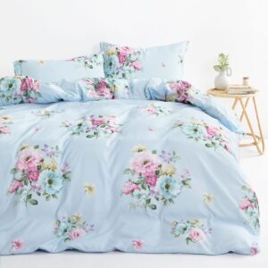 wake in cloud - shabby chic comforter set, floral farmhouse cottagecore vintage colorful pastel spring flowers, soft lightweight bedding for women girls, 3 pieces, blue, queen size